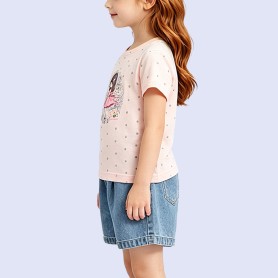Crew Neck Short-Sleeve Top with Polka Dot Princess Print