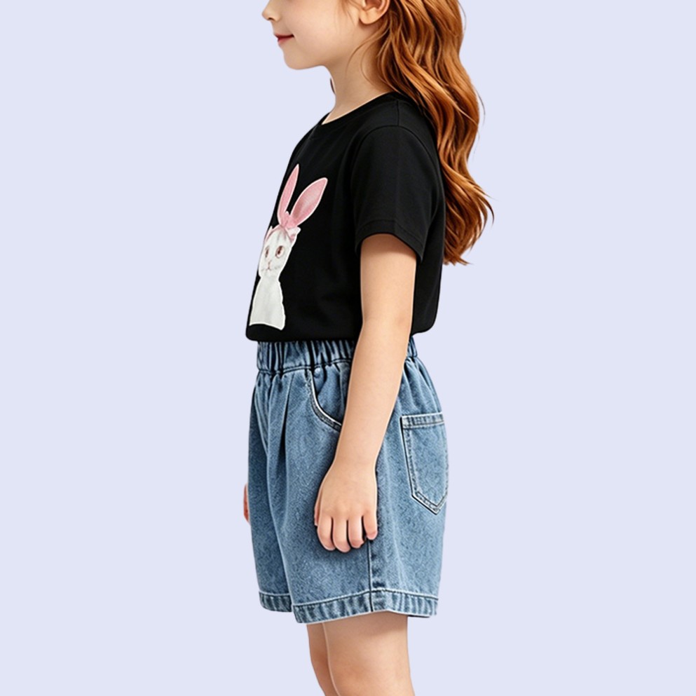 Girls' Crew-Neck T-Shirt with Watercolor Kitten Print