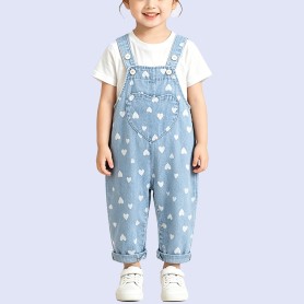 Sweet Heart-Print Denim Overalls