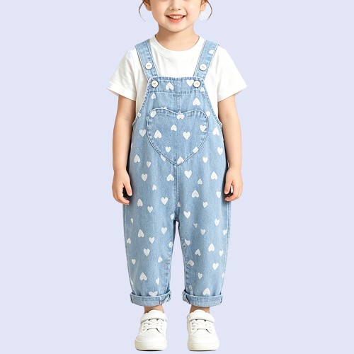 Sweet Heart-Print Denim Overalls