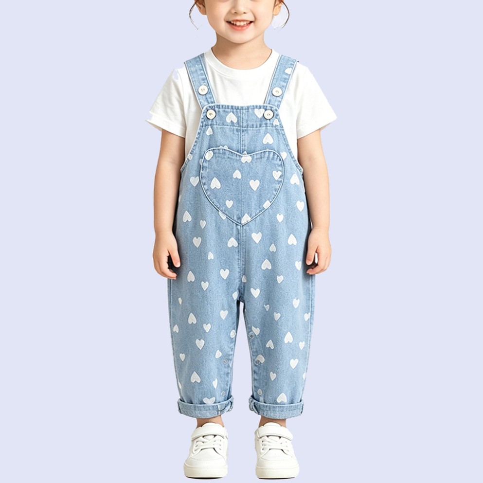 Sweet Heart-Print Denim Overalls