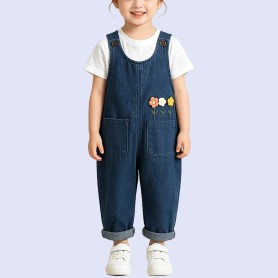 Stylish Soft Denim Overalls with Floral Embroidery
