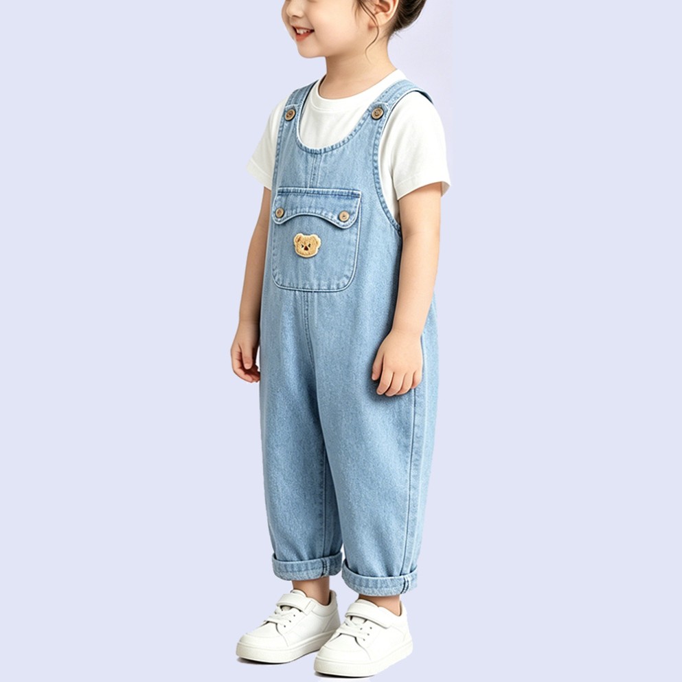 Cute Little Bear Solid-Color Denim Overalls