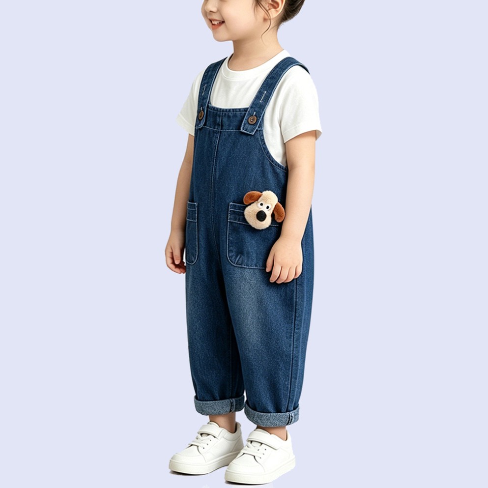 Cute 3D Puppy-Embellished Overalls